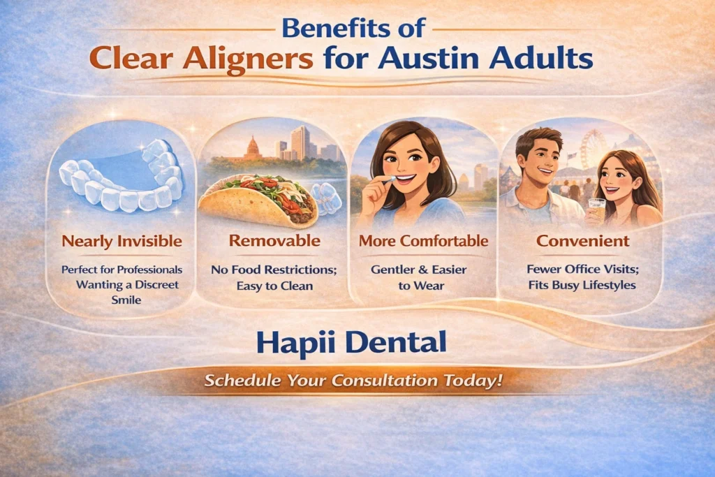 Infographic on clear aligner benefits for Austin adults with Hapii Dental consultation CTA.