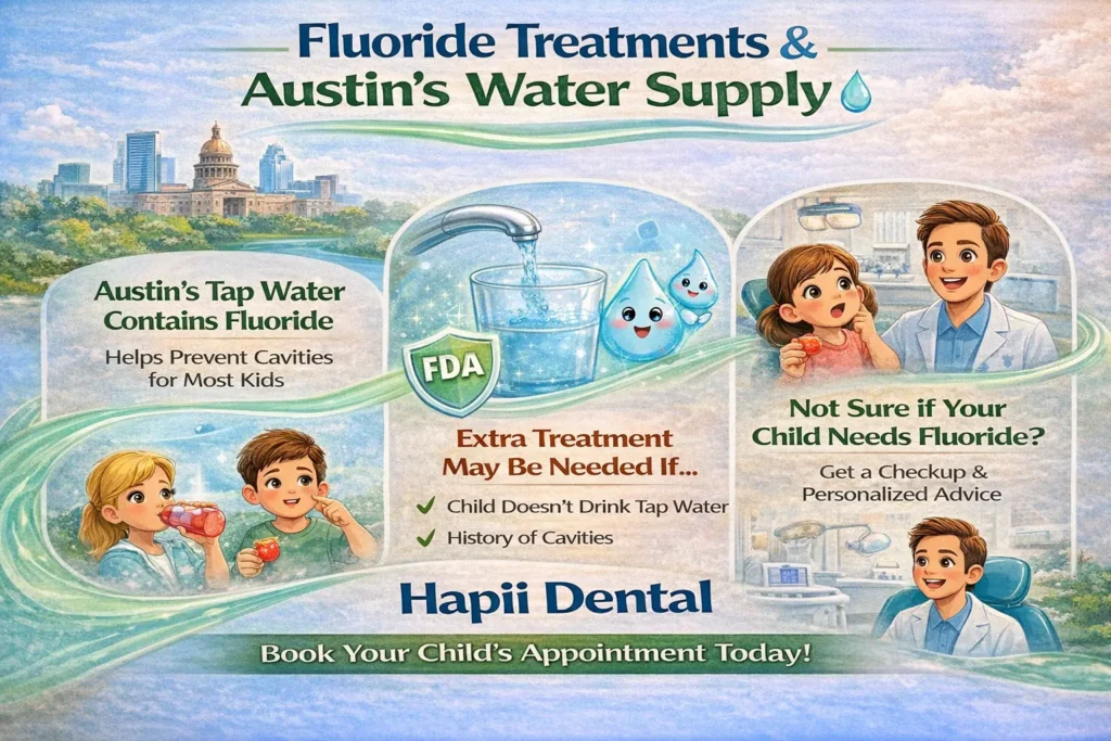 Infographic on fluoride in Austin tap water and when kids need extra fluoride treatments.
