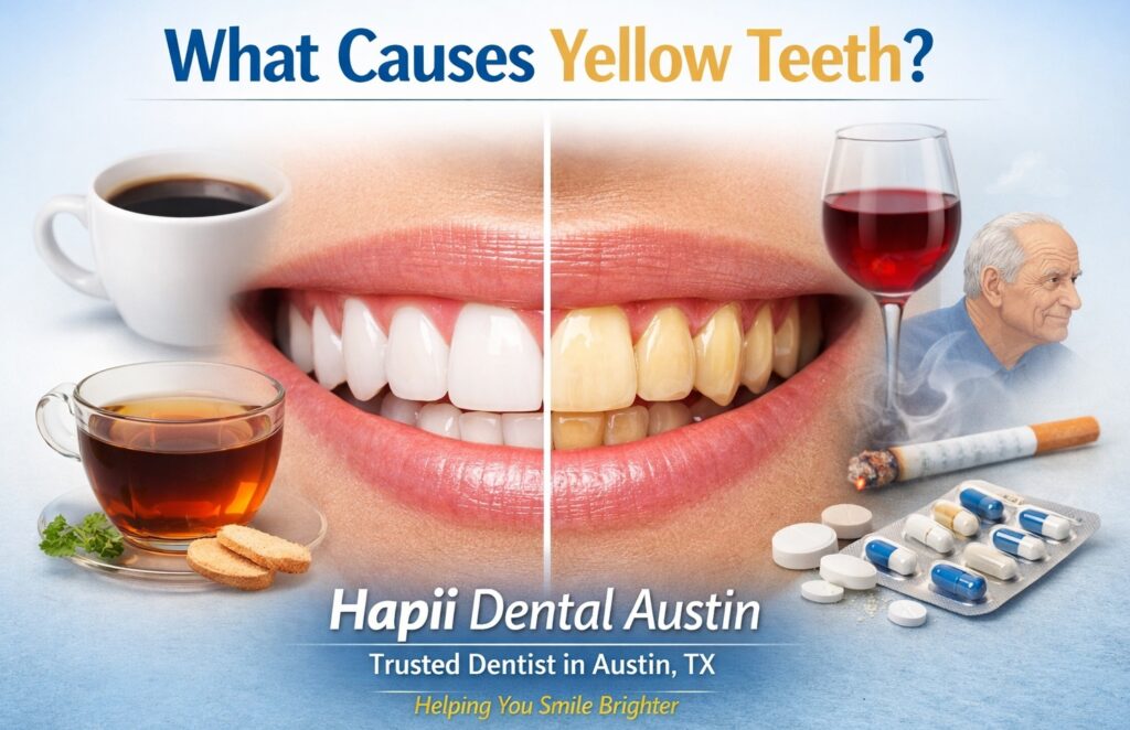 Hapii Dental Austin blog image showing causes of yellow teeth including coffee, smoking, aging, and poor oral hygiene.
