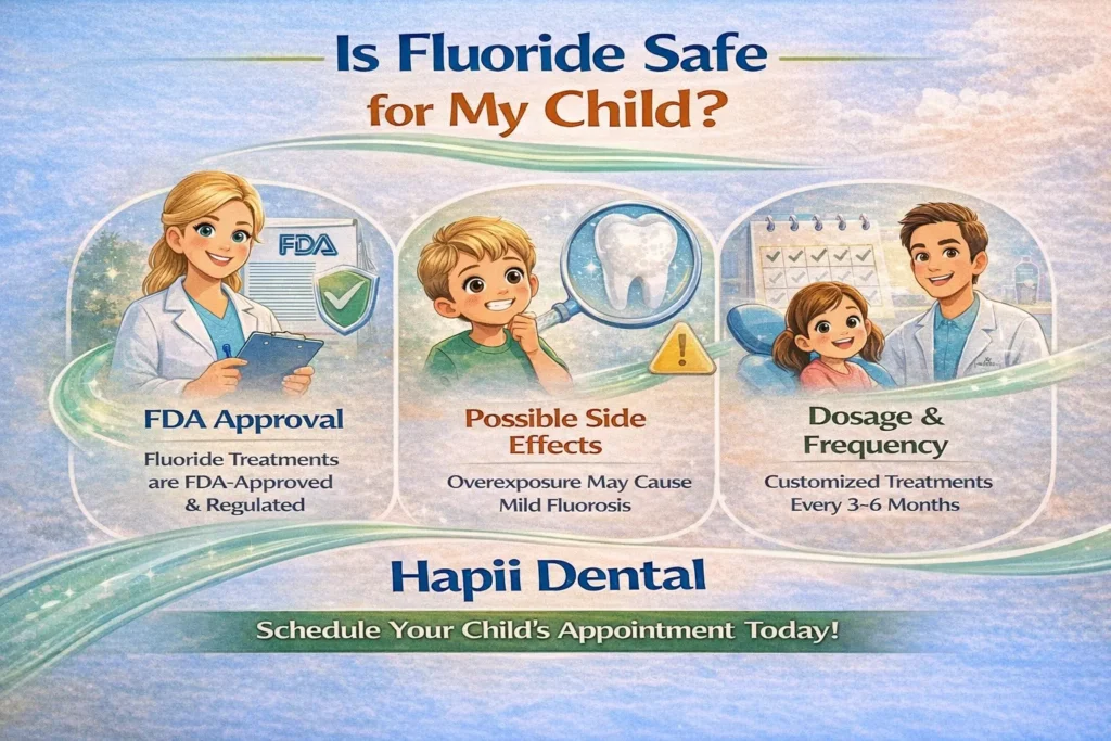 Infographic on fluoride safety for kids covering FDA approval, side effects, and dosage guidelines.